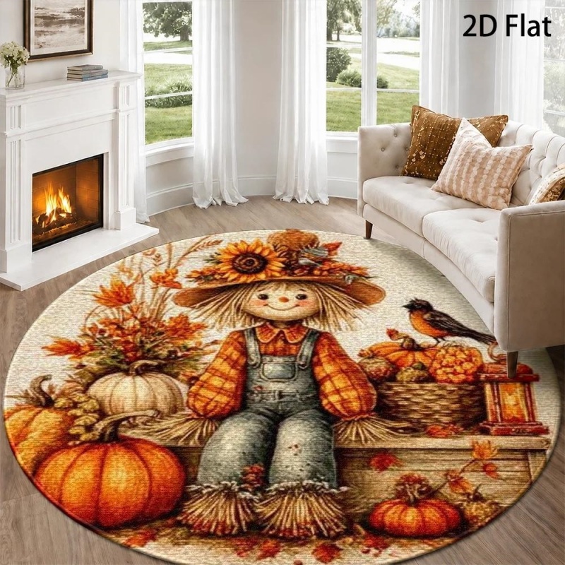 Commercial Printing Services - Cute Scarecrow Fall Harvest Round Rug,Pumpkin
