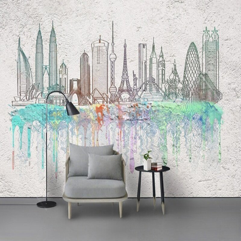 Modern watercolor city silhoue - Commercial Wallpaper Printing ulasan dan harga